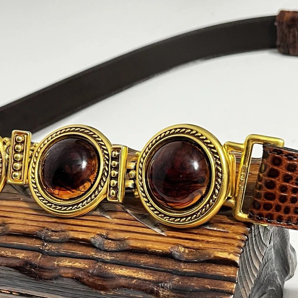 VTG Ben Amun Belt 24K Gold Plated Amber Resin Cabochon Leather Cinch 27